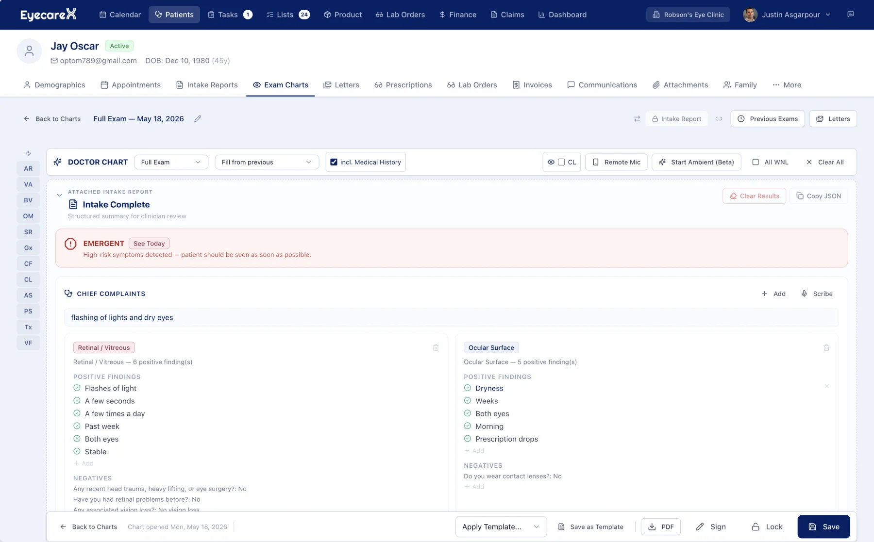 EyecareX exam chart with AI-assisted documentation